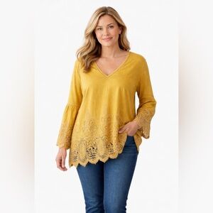 Chico’s Embroidered Bell Sleeve Top Mustard Boho‎ Artsy